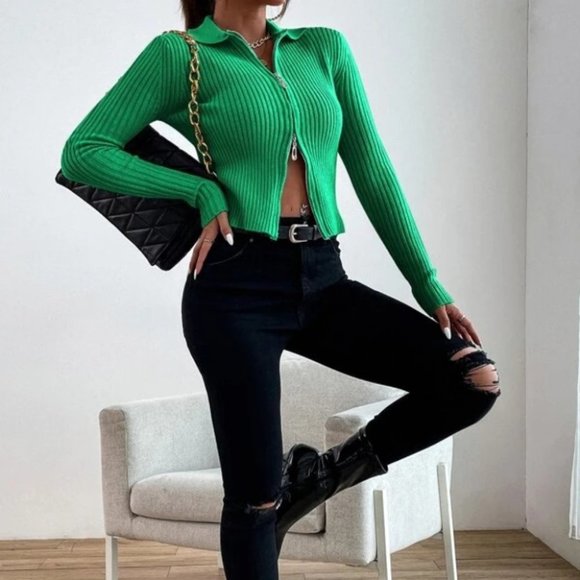 Zip up Front Knit Sweater Cardigan Green - Picture 6 of 10